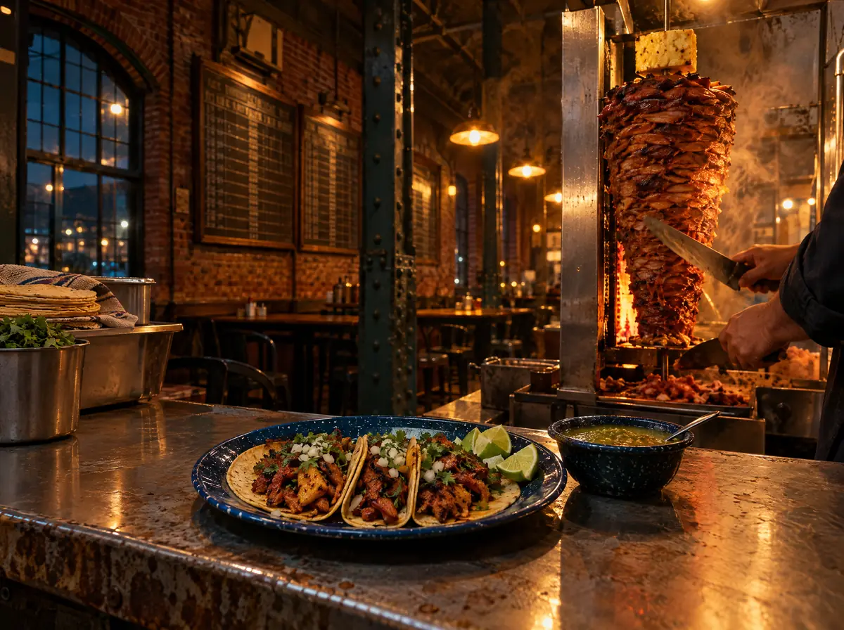 Tacos al pastor on a steel counter in a brick rail depot taqueria